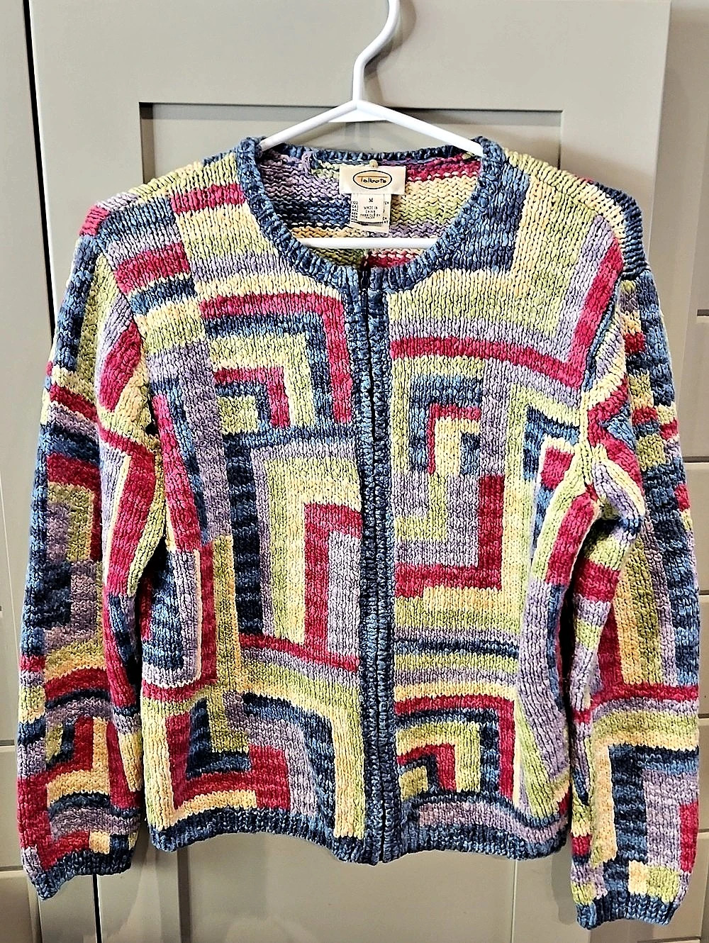Talbots Geometric Cotton Chelnille Textured Zippered Sweater Size Medium